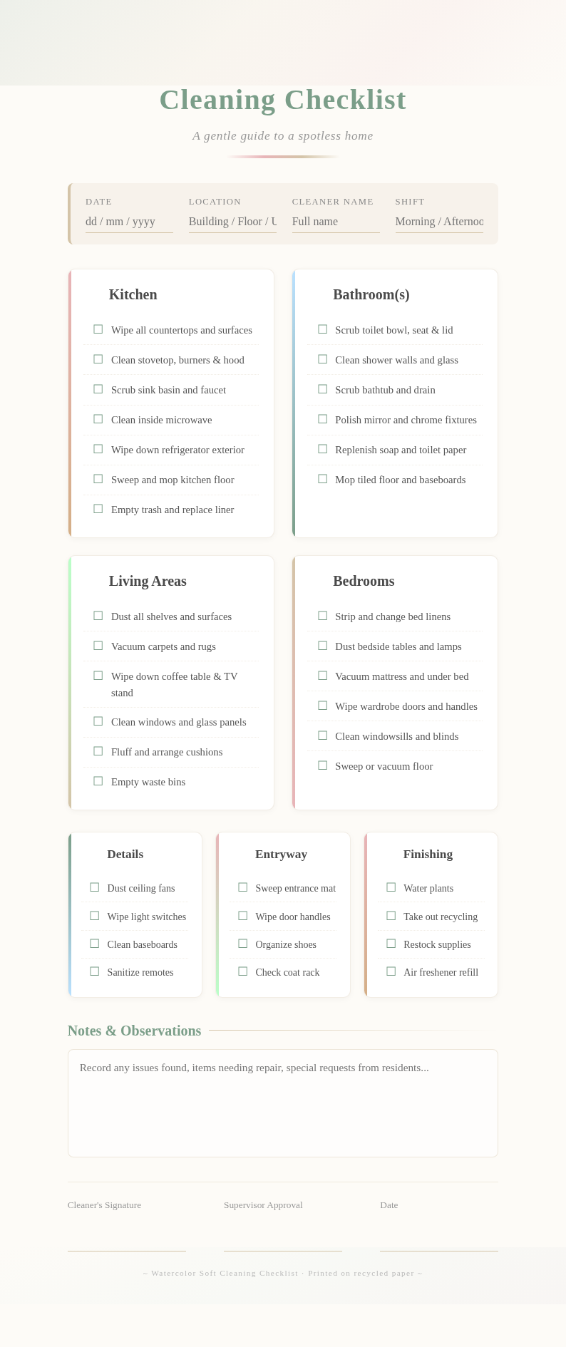 Watercolor soft cleaning checklist